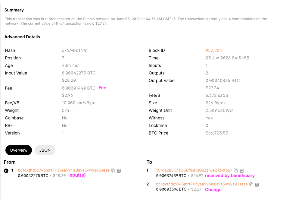 BTC transaction example